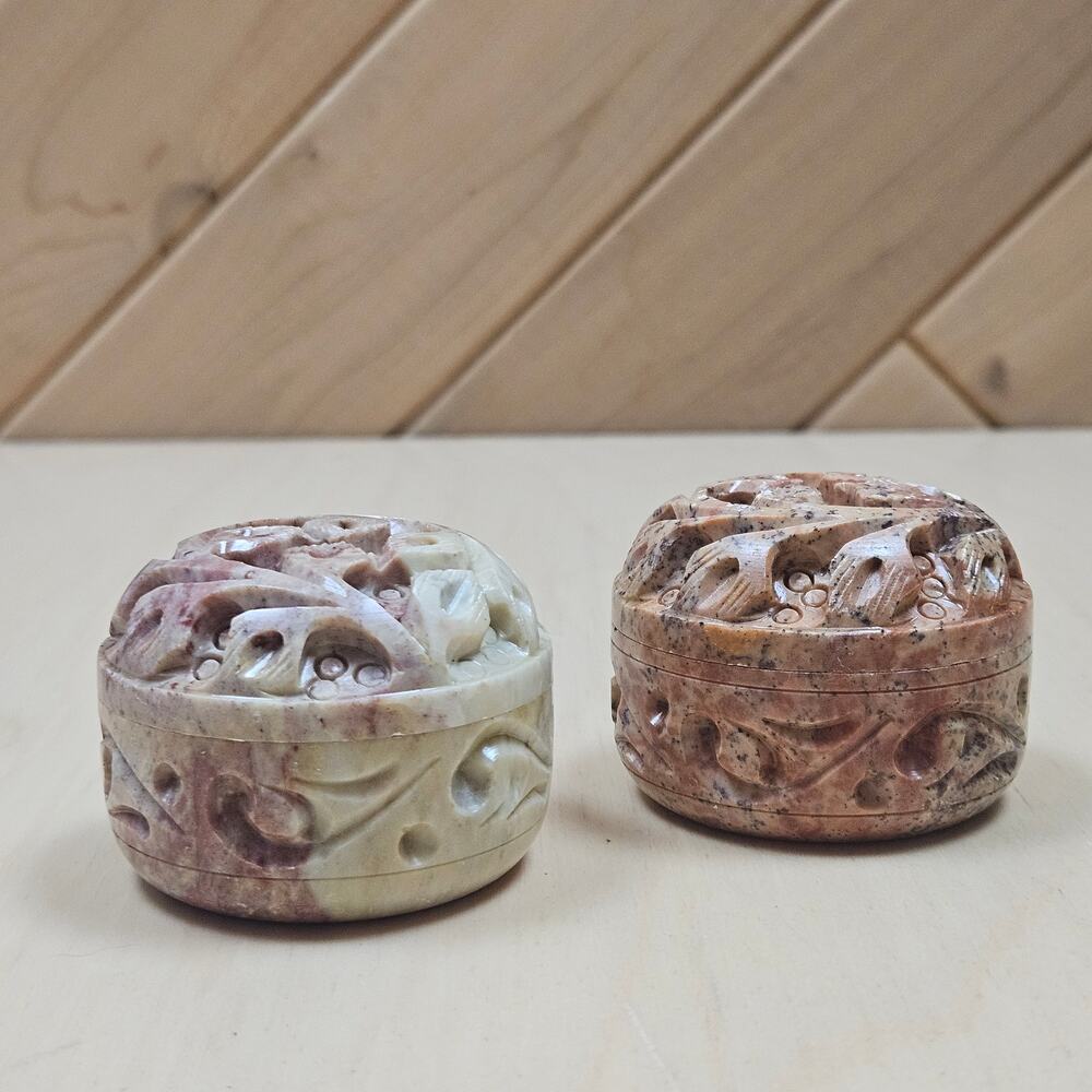 Vintage Hand Carved Soapstone Round Jewelry Trinket Box Set of 2 Made in India